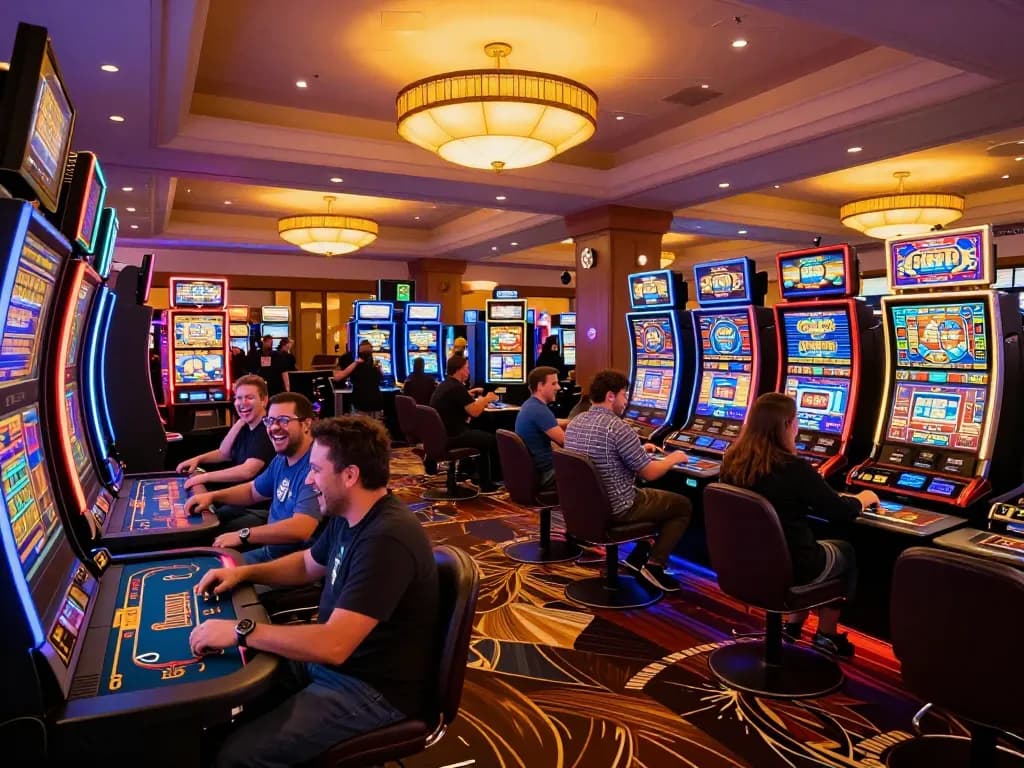 Players enjoying vibrant slot machines at GO8 casino, celebrating wins in lively atmosphere.