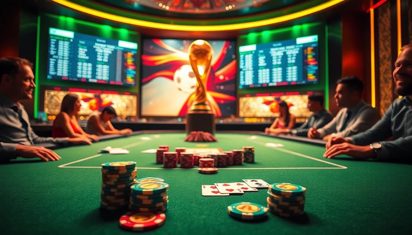 Betting action on Judi Bola Piala Dunia at an elegant casino table with vibrant poker chips.