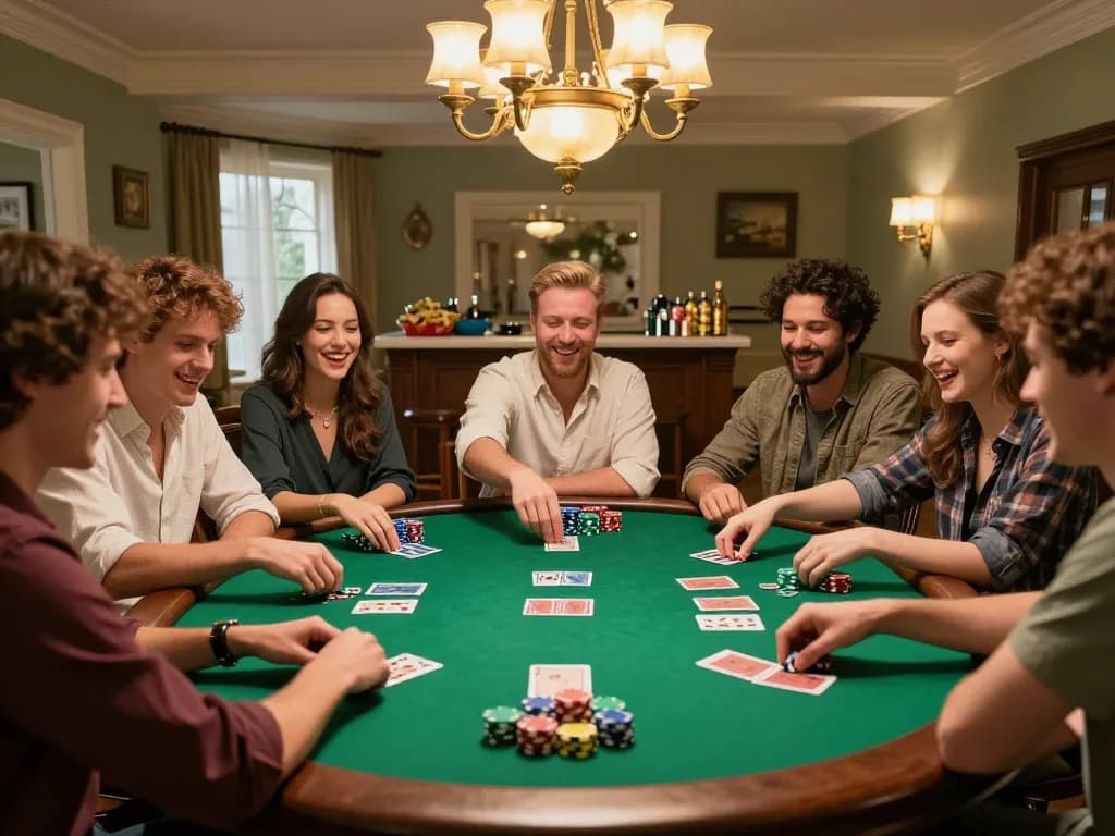 Teman-teman menikmati permainan poker yang mendebarkan dengan Gsc108 di rumah mereka, menunjukkan interaksi yang hidup dan permainan strategis