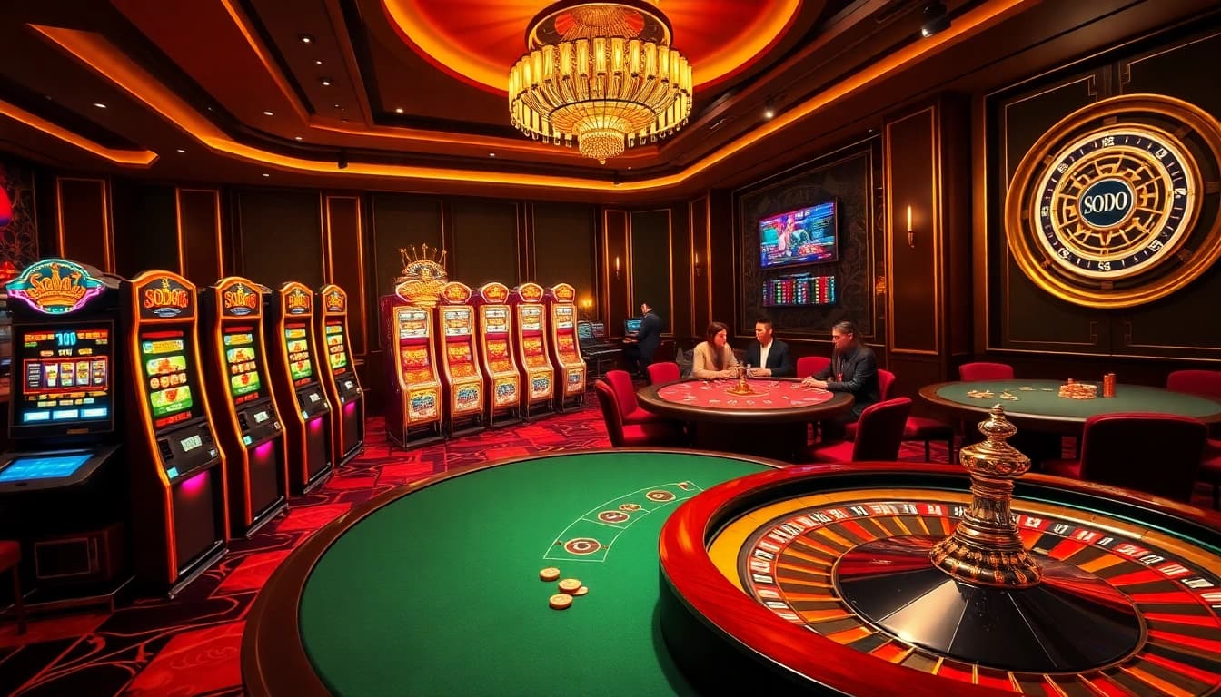 SODO66 casino interface with vibrant slot machines and poker tables, offering an exciting gaming experience.