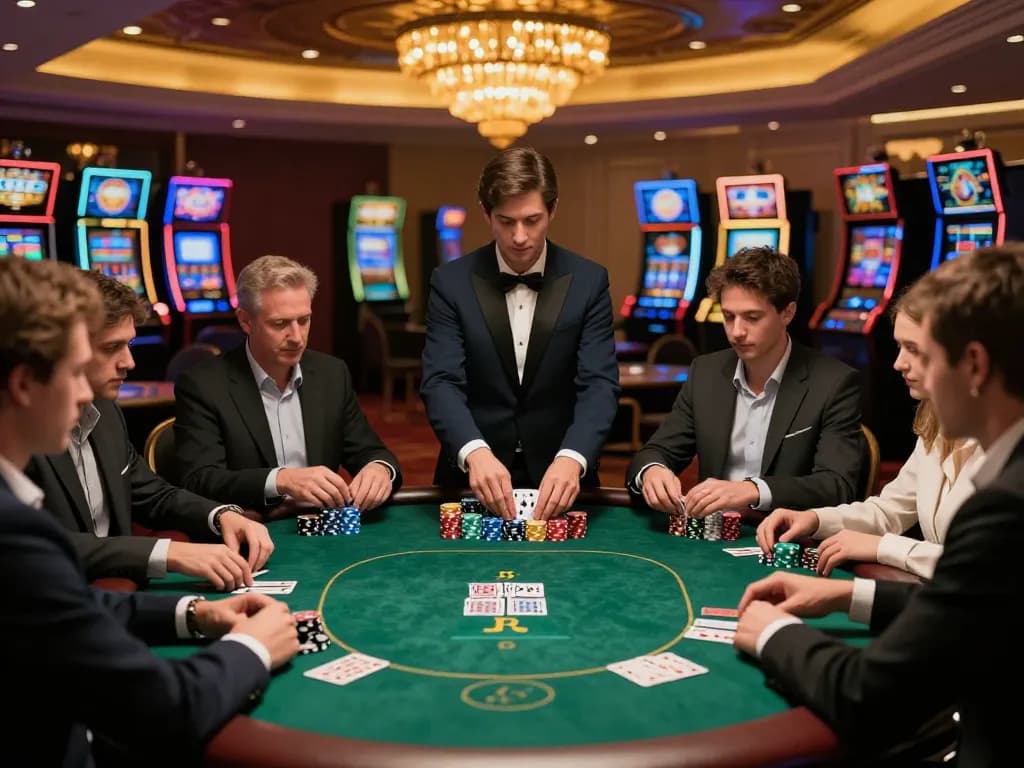 Kong88 players engaged in a high-stakes poker game, showcasing strategic gameplay and luxury casino ambiance.