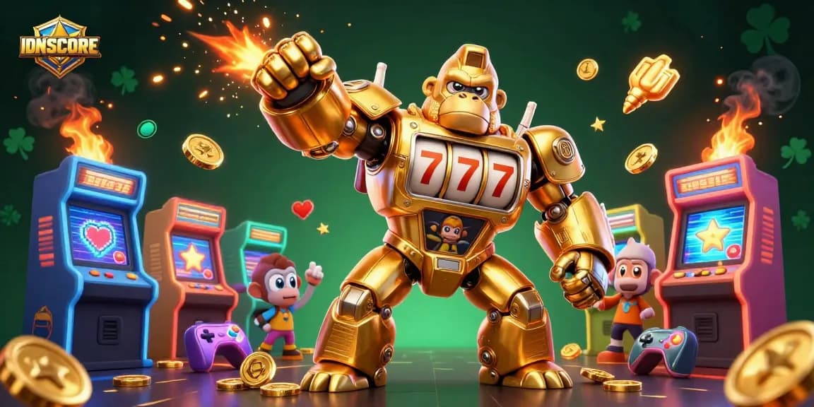 IDNSCORE platform showcasing competitive gaming with a vibrant, detailed illustration of golden gorilla mech and arcade elements.
