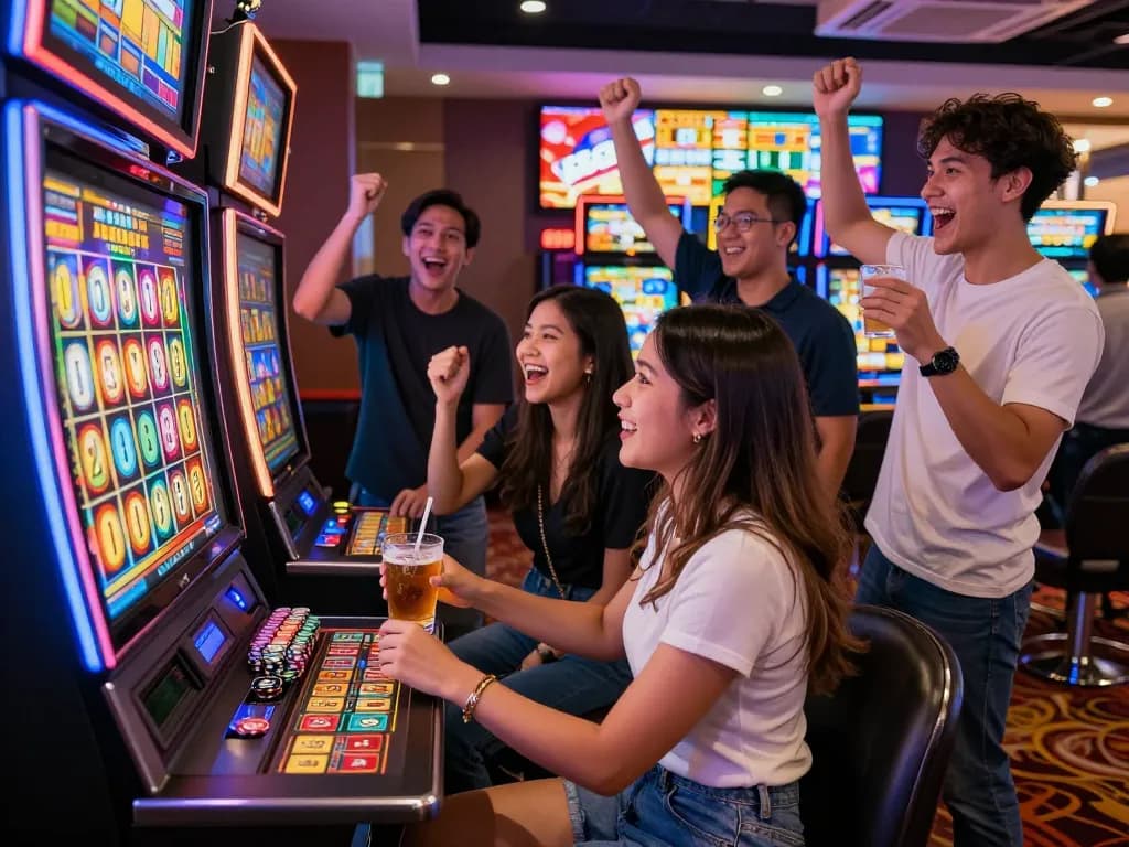 Exciting gambling environment featuring friends celebrating a jackpot win on slot gacor hari ini.