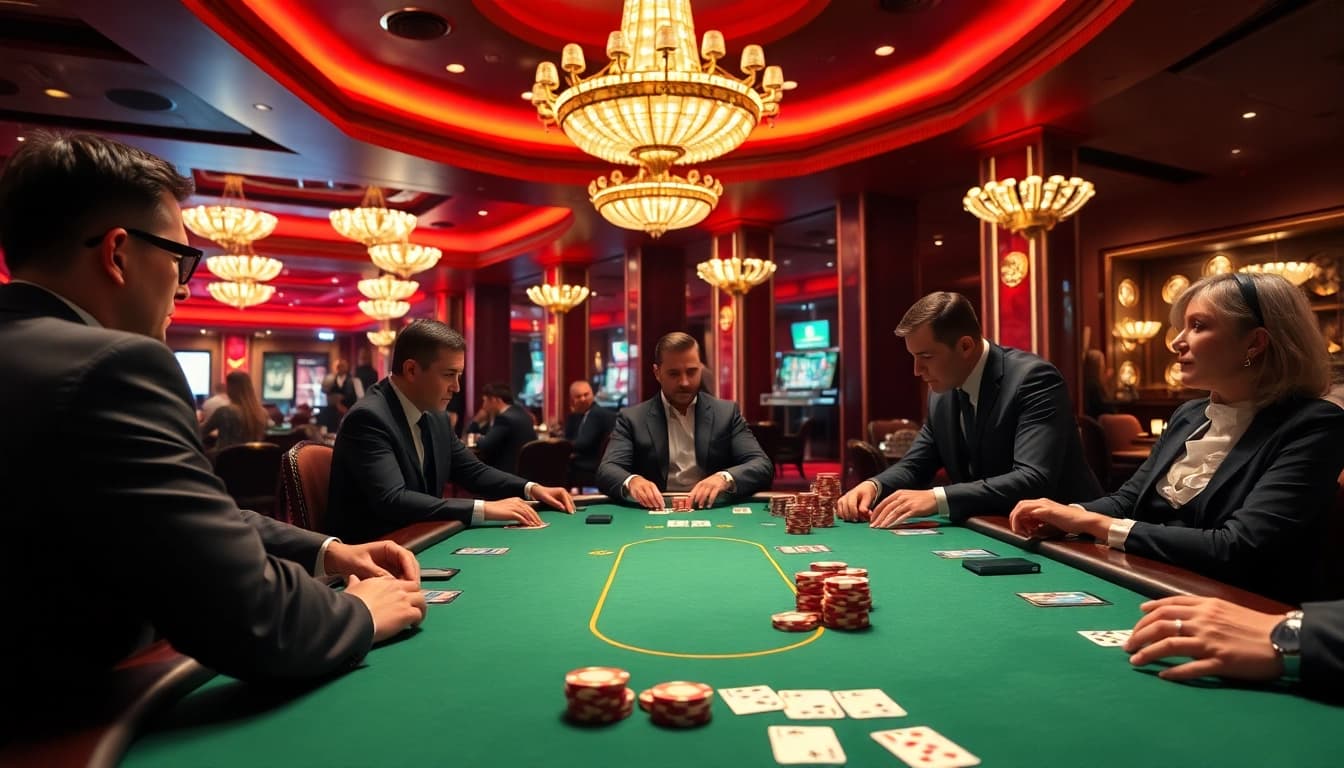 Experience thrilling moments with 18vip娱乐 at an elegant poker table surrounded by engaging players.