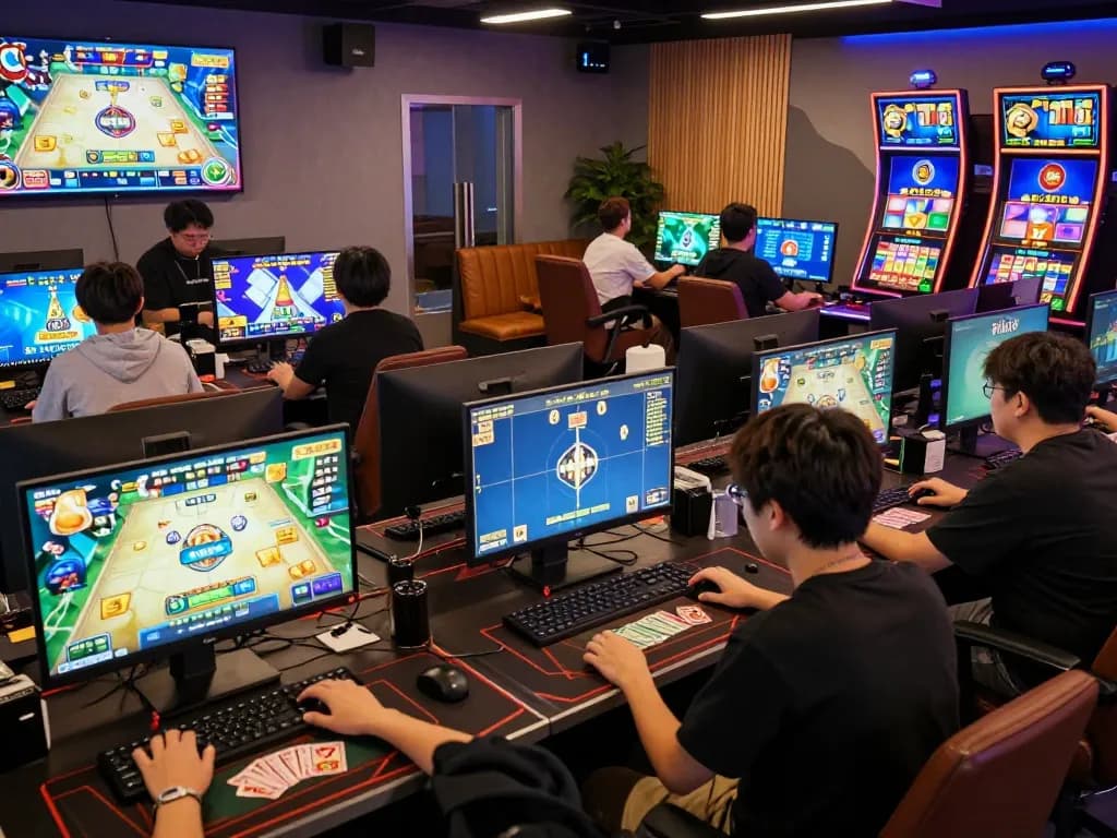 Cổng game Rikvip featuring enthusiastic players enjoying diverse games in a vibrant online gaming hub.