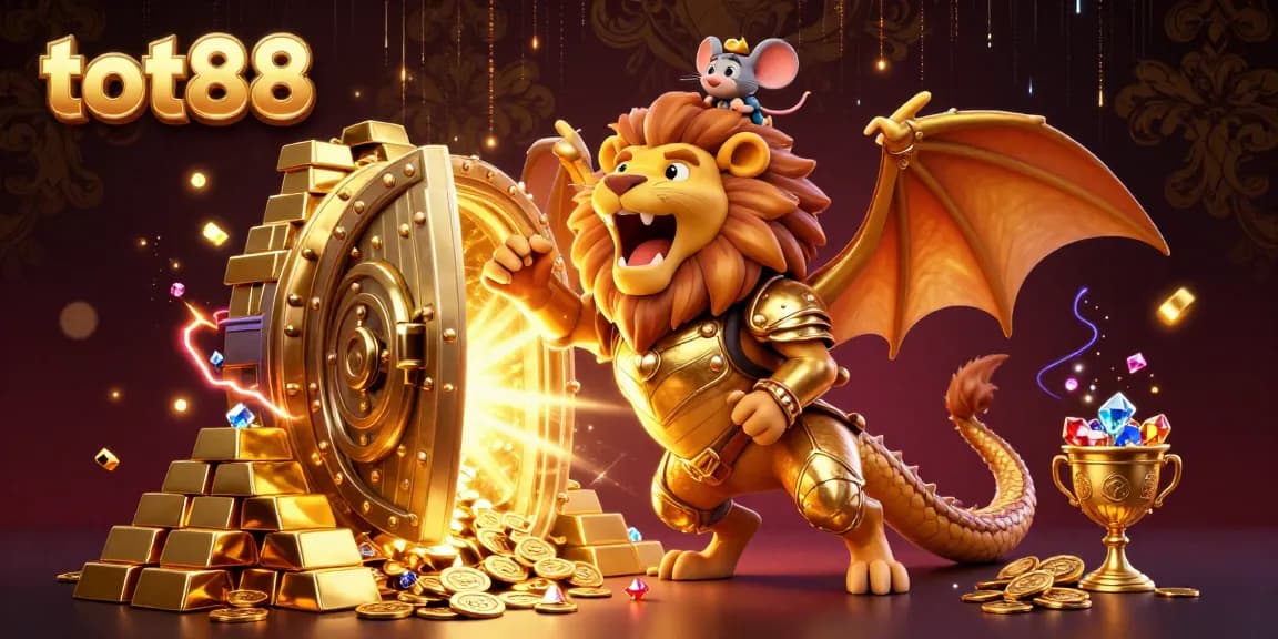 Experience the thrilling world of tot88 with a golden chimera and rolling treasure in a vibrant casino scene.