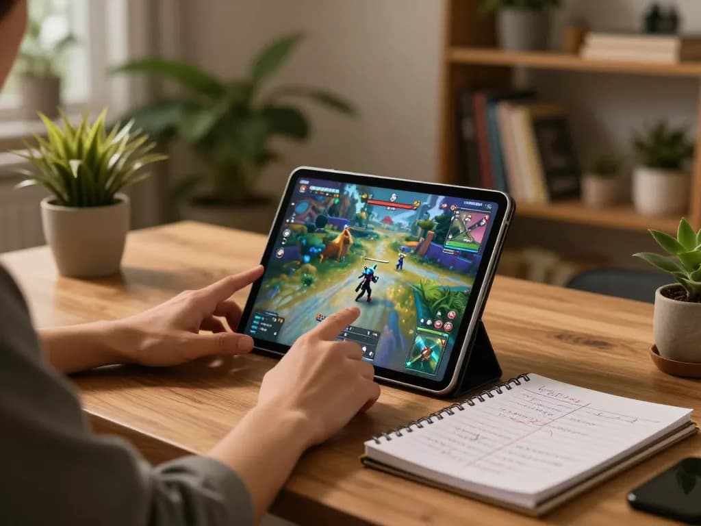 Player enjoying game bai on a tablet in a cozy home office, emphasizing strategic gambling.