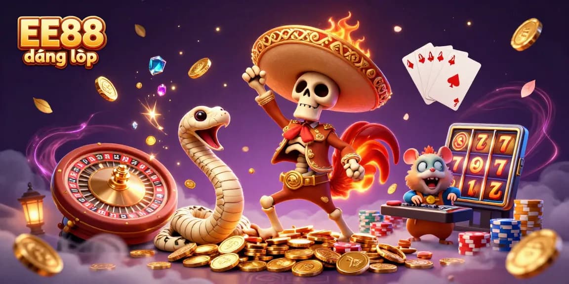 Experience EE88 đăng nhập excitement with a vibrant 3D casino scene filled with animated characters and dazzling gaming elements.