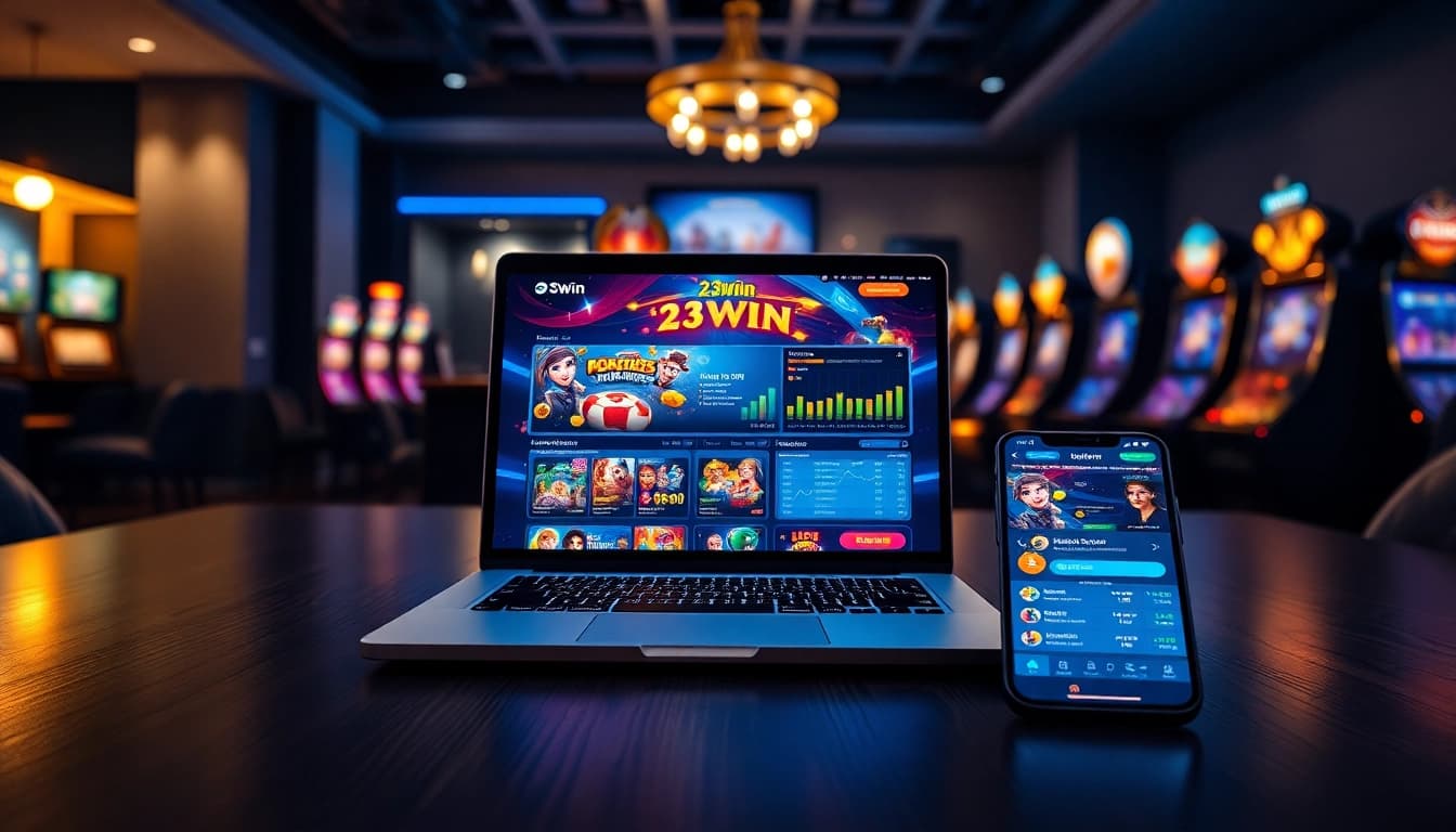 23win online gaming platform interface displayed on a laptop and smartphone with vibrant colors.