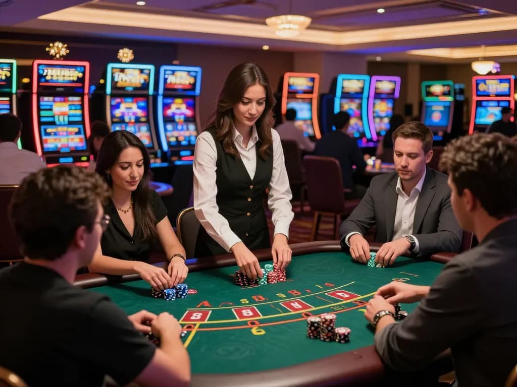 Players engaged in intense blackjack at 789win's upscale casino, vibrant atmosphere.