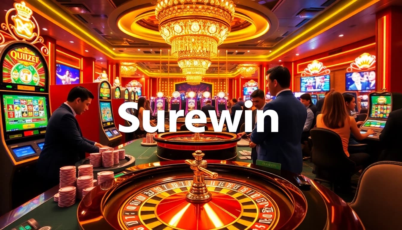 Exciting casino scene with players engaging at surewin tables, showcasing luxury and professionalism.