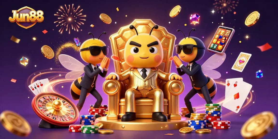 Join the thrilling Jun88 casino adventure with a cartoon mob boss and dazzling game elements.