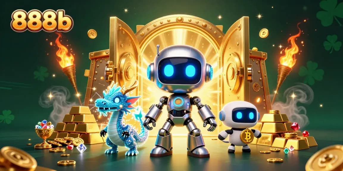 Engage in exciting casino adventures with 888b as a neon robot mascot meets a charming AI dragon.