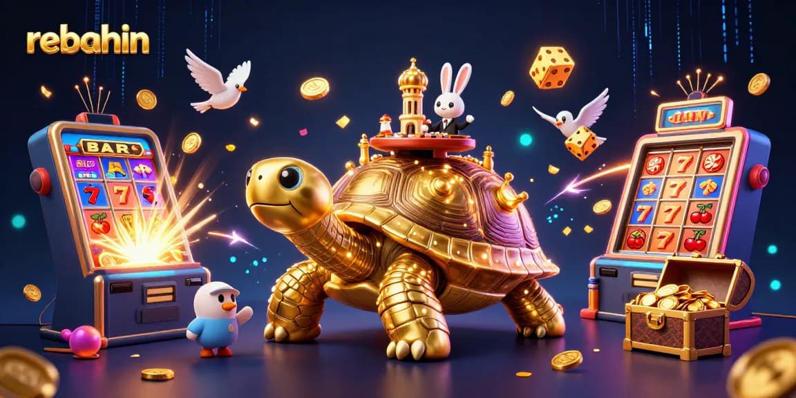 Win big at rebahin with a colorful 3D casino scene showcasing thrilling games and vibrant characters.