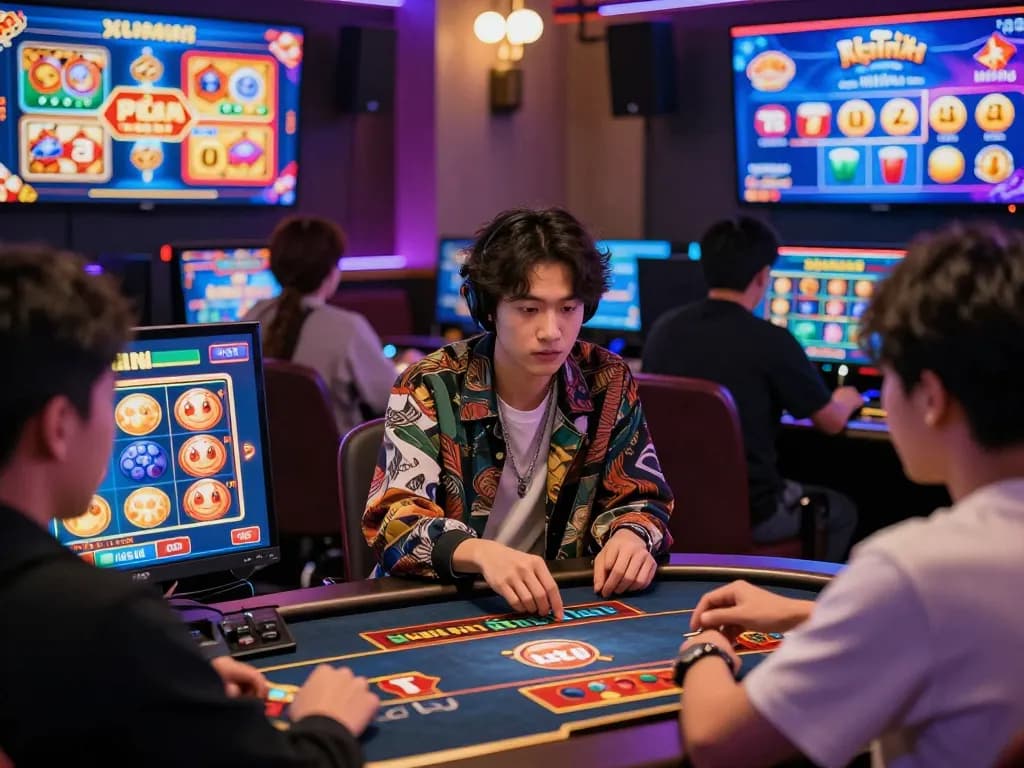 Engaged players on the KUWIN platform experiencing dynamic online gambling with colorful game displays.