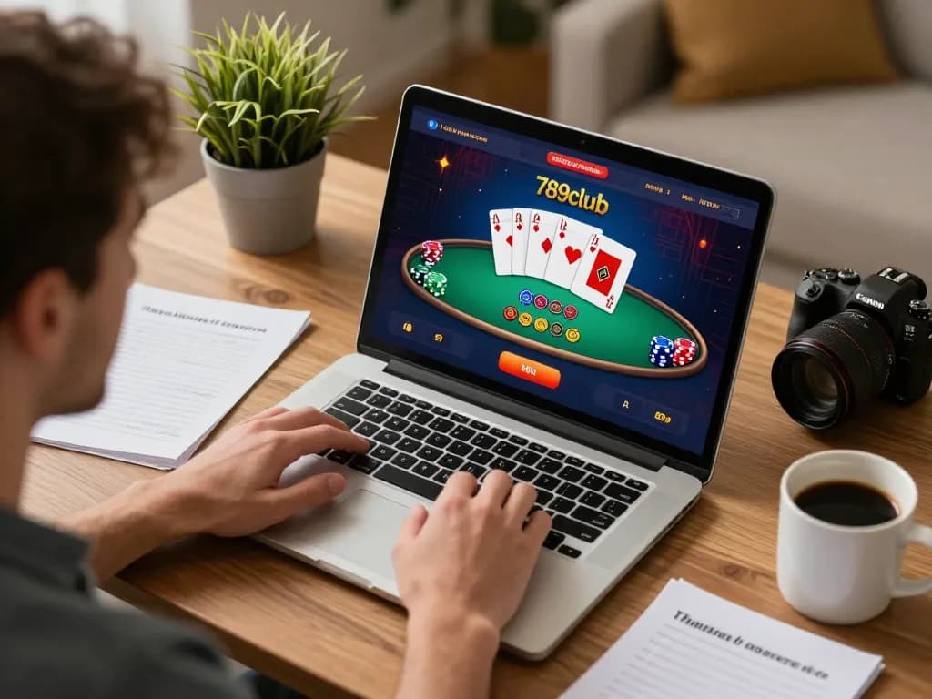 Engaging player strategizing on 789club online casino interface in a cozy home setting.
