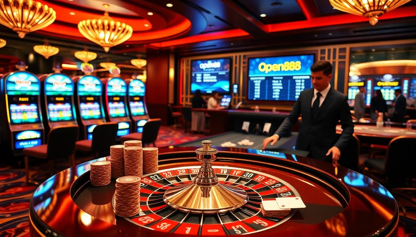 Experience thrilling gameplay at OPEN88 with an elegant casino scene featuring a roulette table.