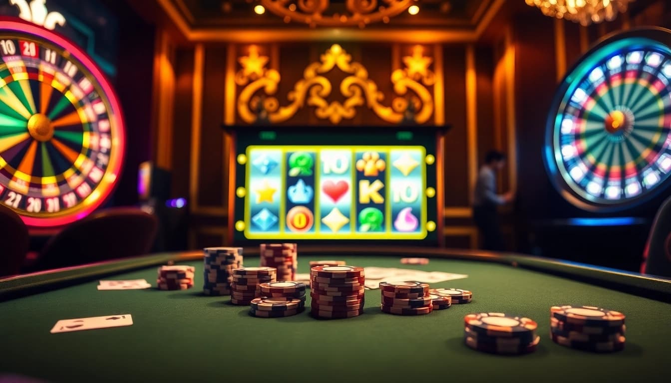 Engaging scene of game bài đổi thưởng experience with poker, slot machines, and roulette wheel in luxurious casino setting.