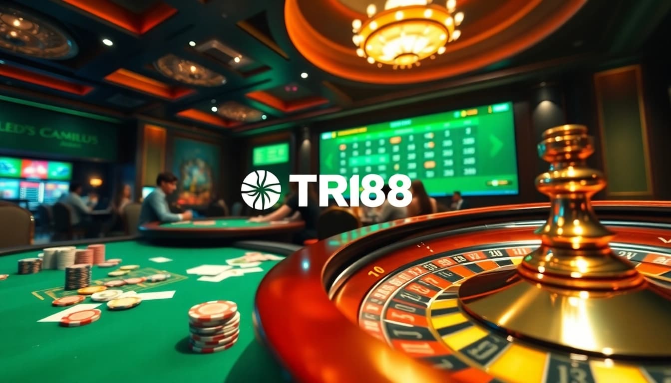 Engage with TR88's vibrant casino scene featuring poker tables, roulette wheels, and online betting interfaces.