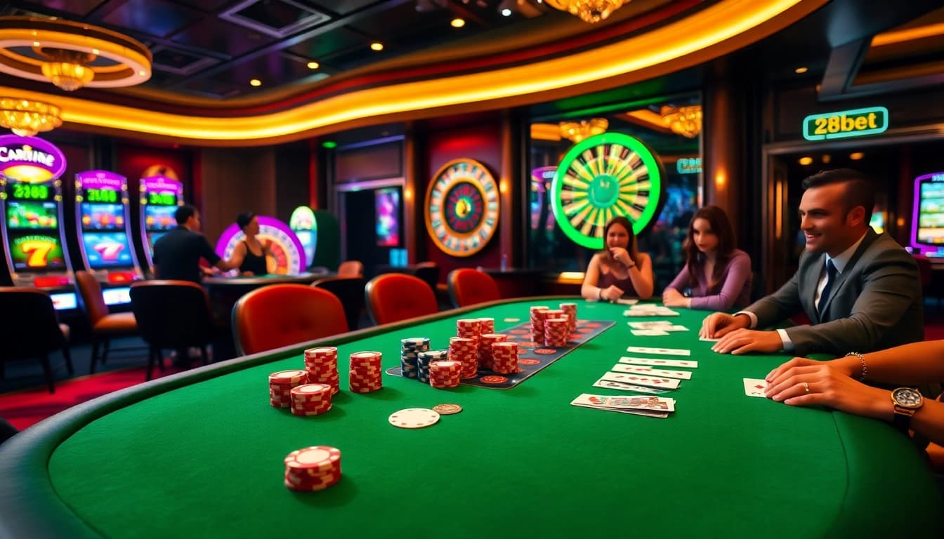 Experience high-stakes gaming at 28bet with colorful poker chips and a roulette wheel.