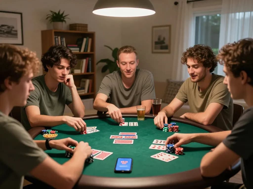 Friends enjoying a poker night while using rr 88 casino app, vibrant home atmosphere.