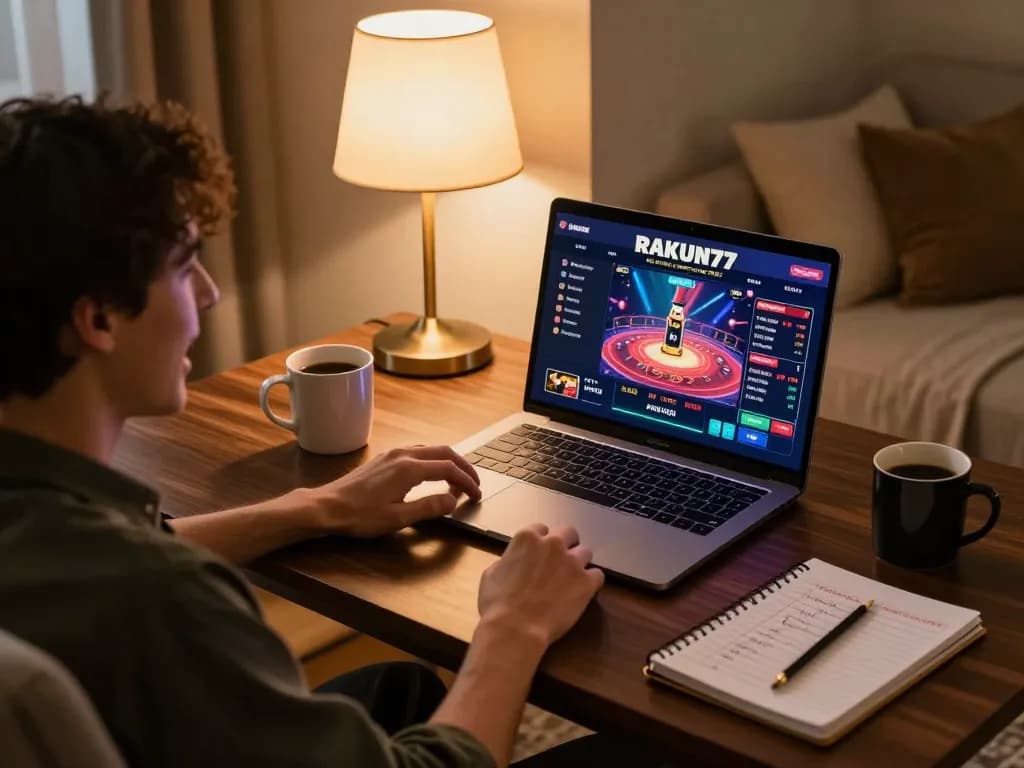 Orang berinteraksi dengan aplikasi kasino RAKUN77 di laptop dalam lingkungan rumah yang nyaman