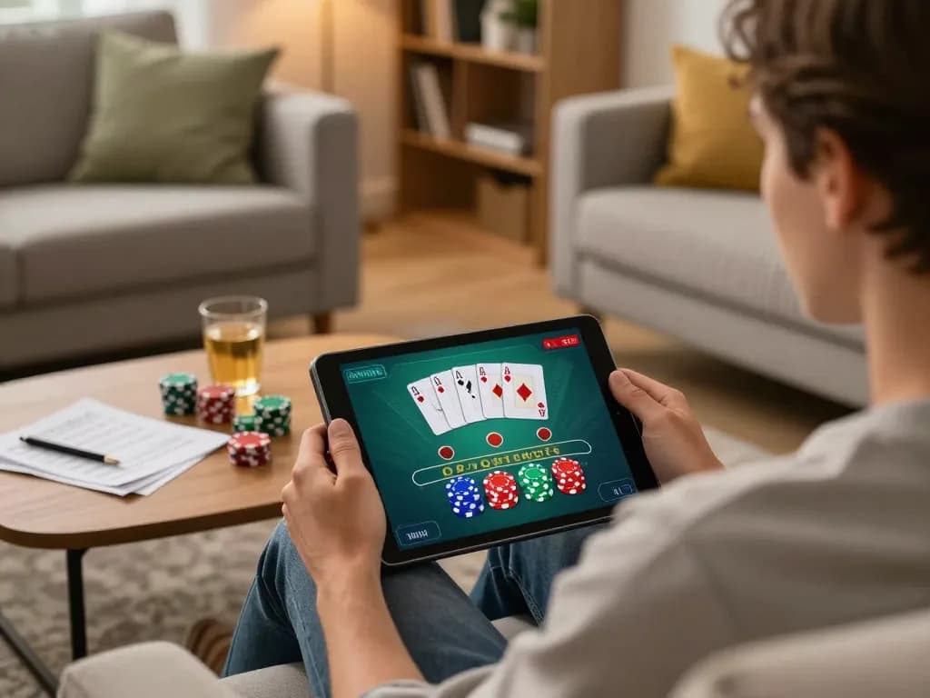 Person engaging in online blackjack at home while making strategic bets on LV88.
