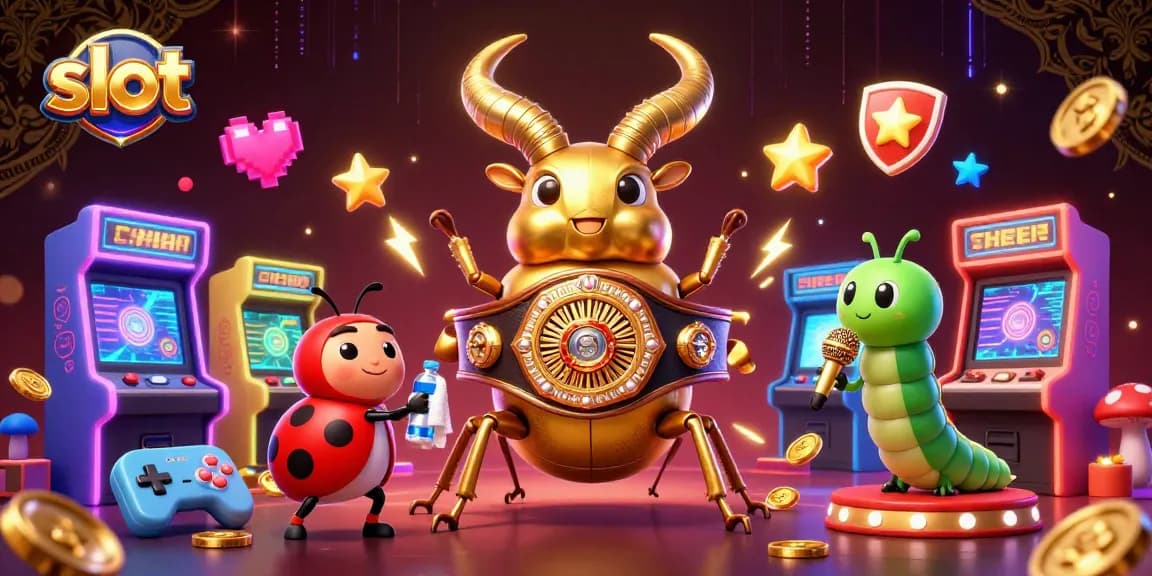 Slot online yang menarik dengan simbol keberuntungan dan karakter 3D di arena bertarung.