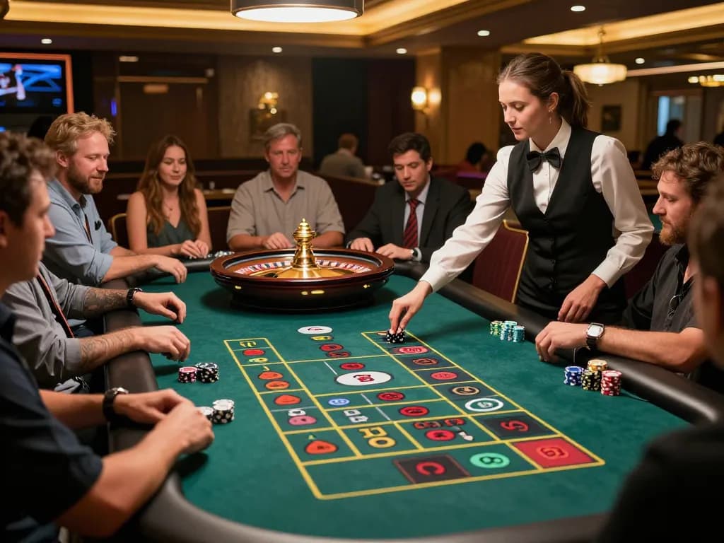 Players placing bets at a vibrant roulette table showcasing mu88 com's engaging live casino experience.