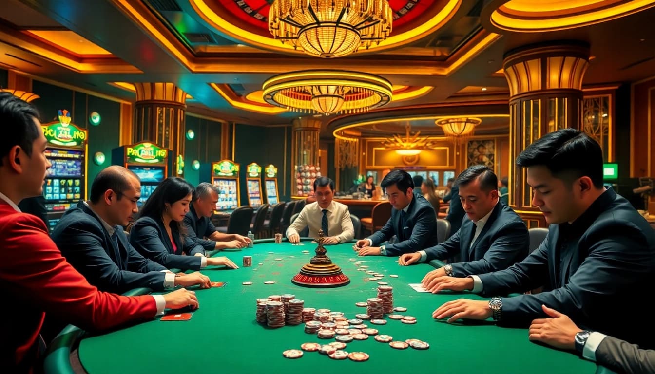Kèo Nhà Cái 5 highlights intense poker action in a vibrant casino, showcasing excitement and glamour.