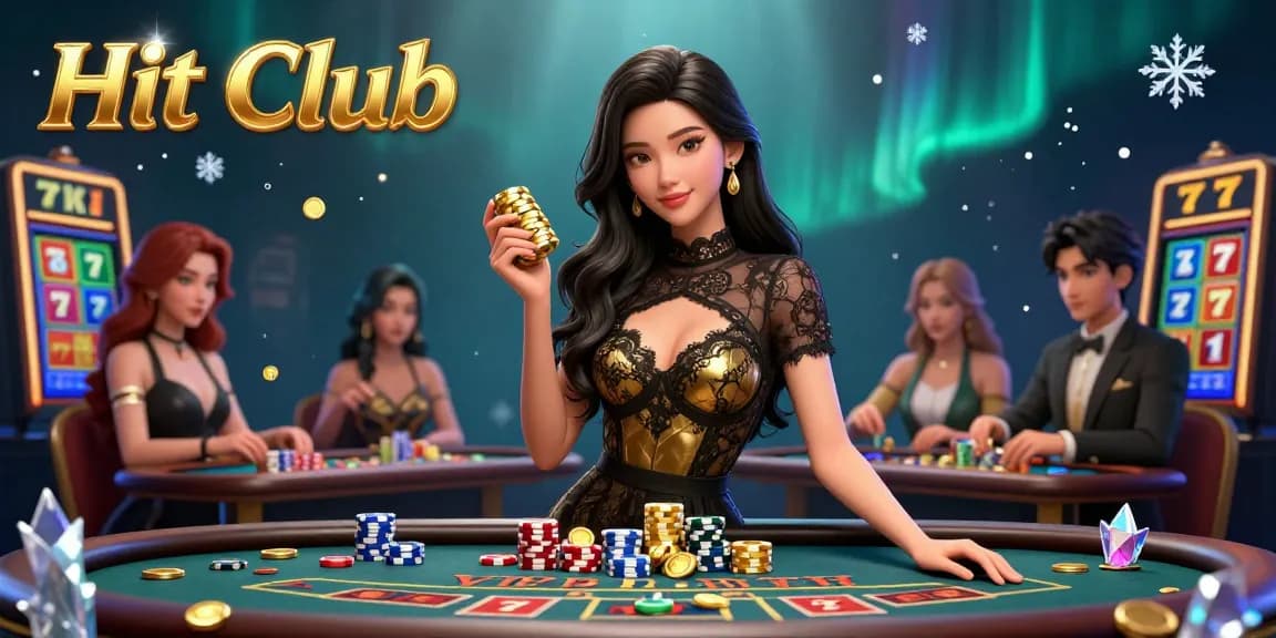 Experience the thrill of the Hit Club with golden chips at a VIP baccarat table in a dazzling casino.