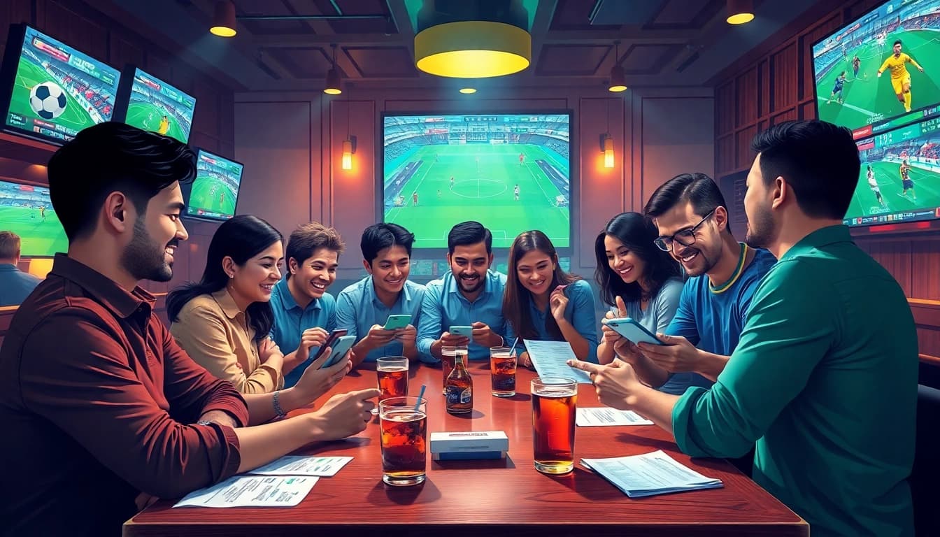 Group of diverse bettors discussing kèo nhà cái in a lively sports bar.