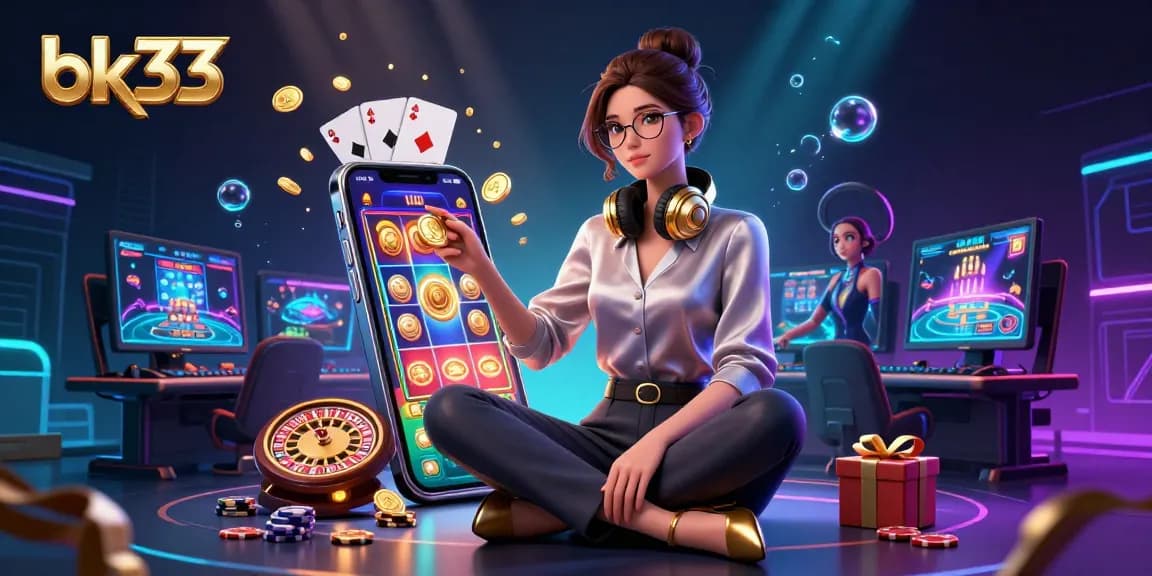 Experience live casino excitement at bk33 with a professional gamer exploring vibrant slots and winnings.