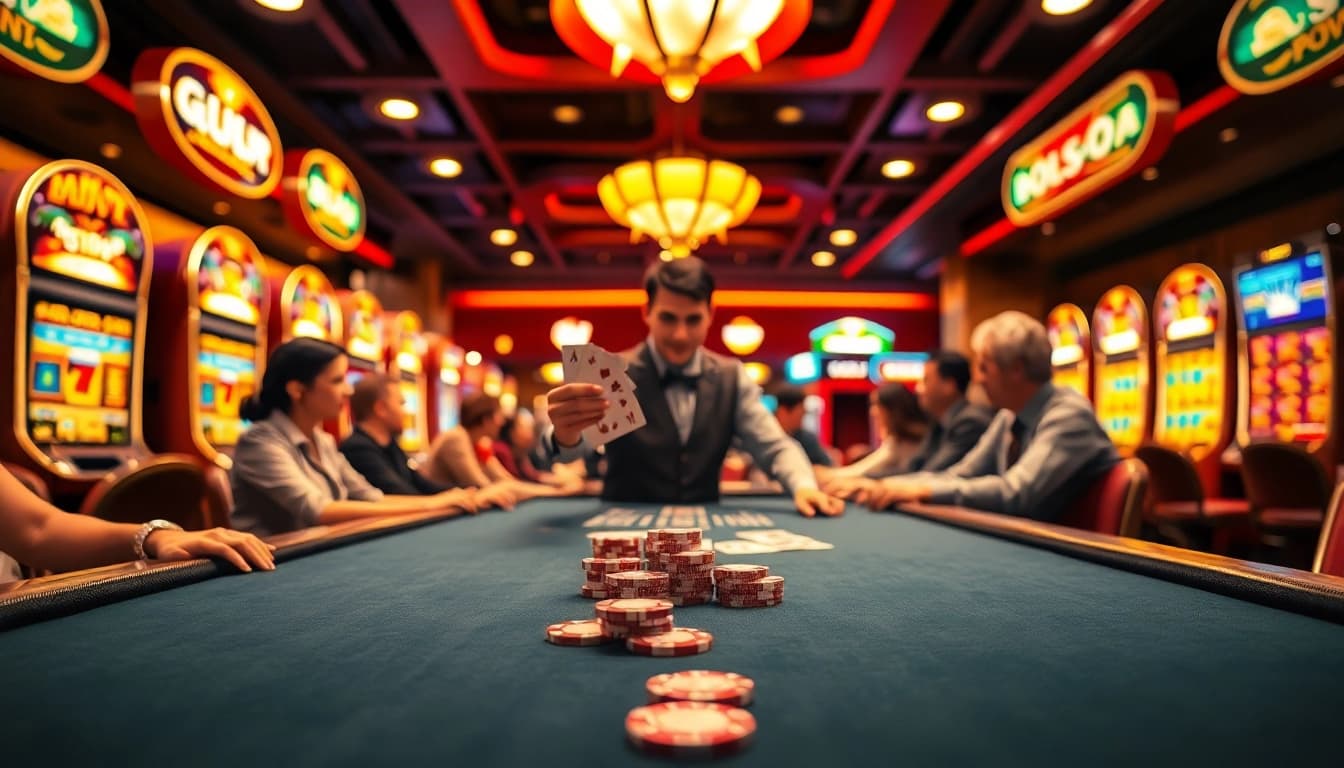 Engaging scene of players enjoying uvip娱乐 at a casino table with vibrant lights and a dealer.