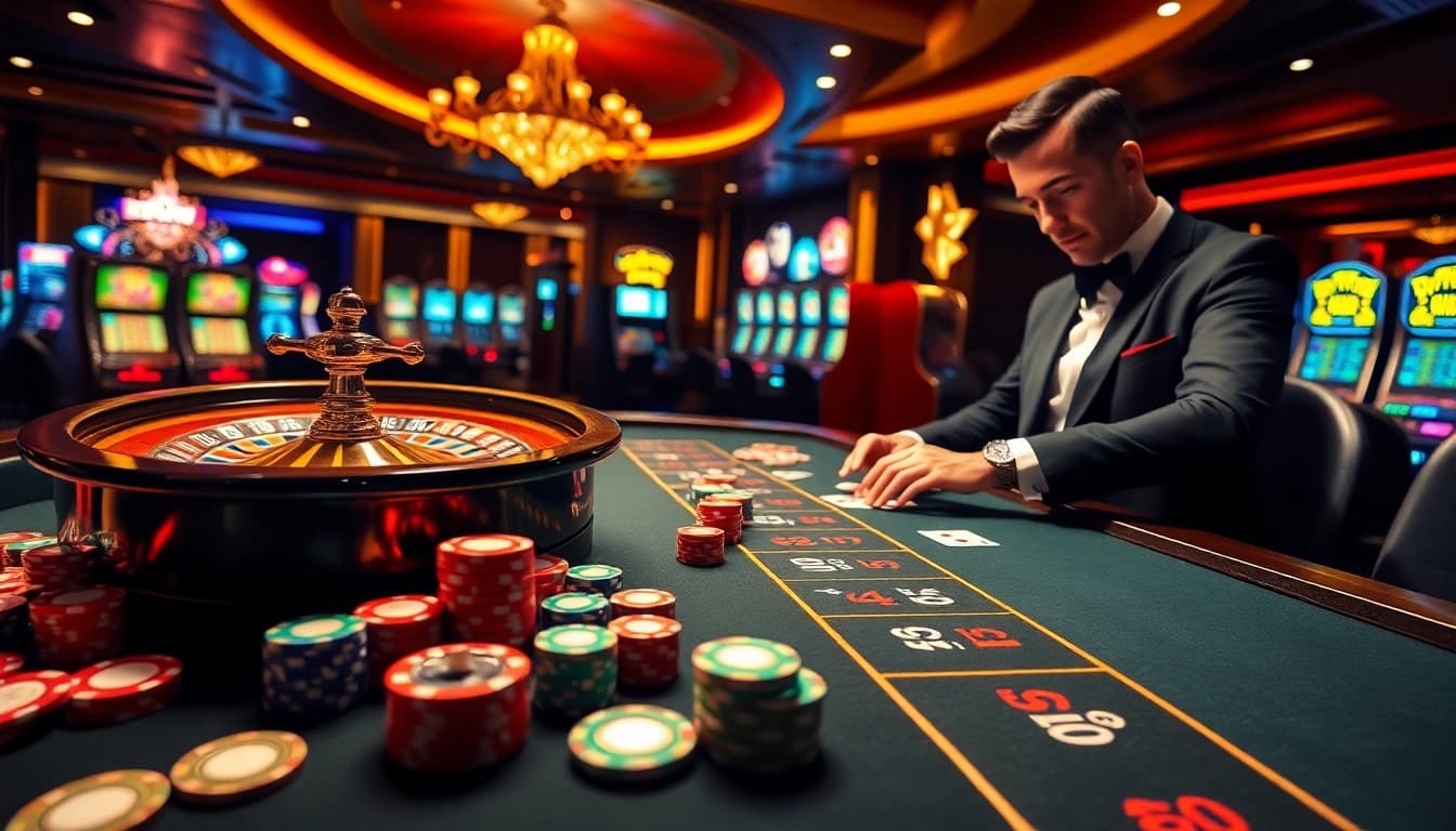 Engaging in a strategic bet with BDTK1 at a vibrant casino table filled with colorful chips.