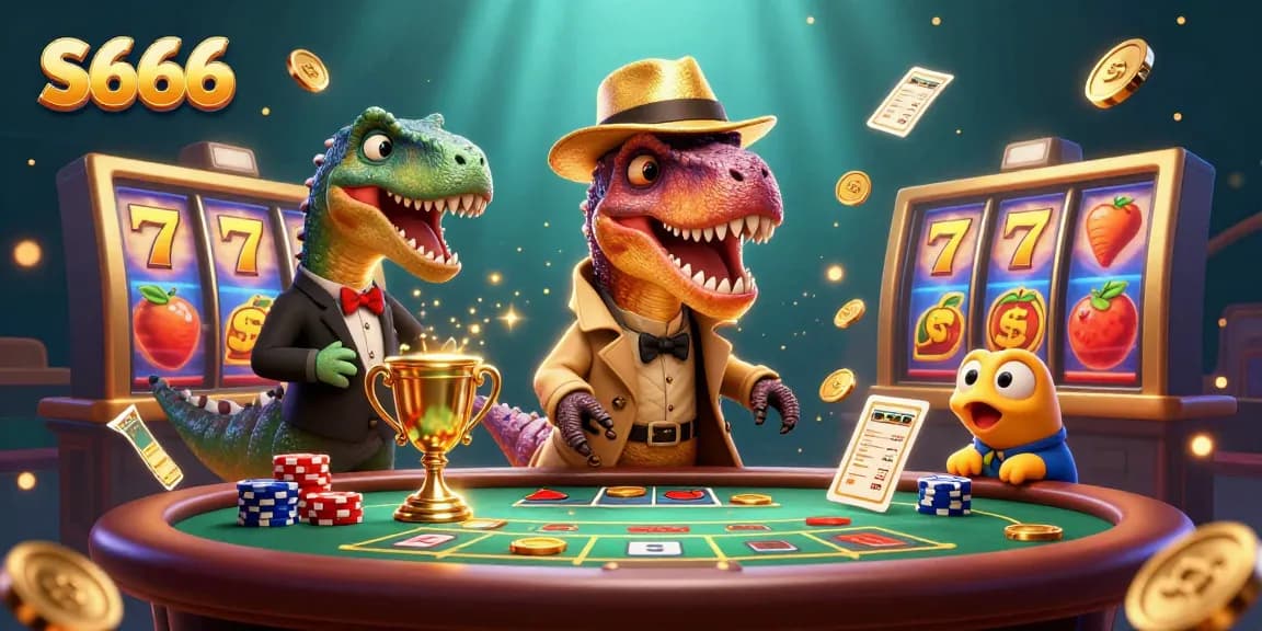 S666 creates excitement with a 3D velociraptor card counter and social gaming elements in a vibrant casino scene.