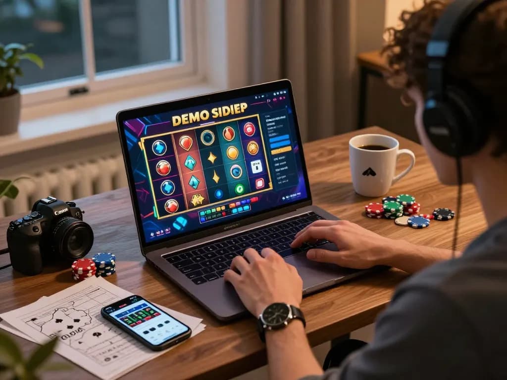 Terlibat dalam sesi permainan Demo Slot online di rumah, menampilkan pengaturan permainan dan hiburan yang bertanggung jawab.