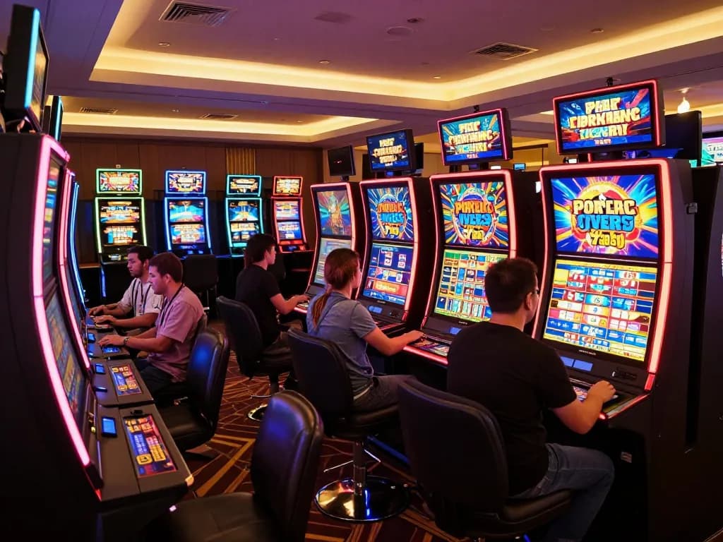 SUNWIN players enjoying vibrant slot machines in an engaging casino atmosphere