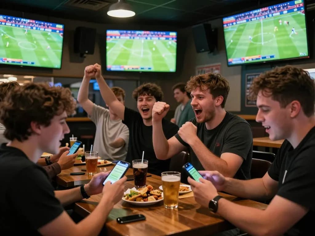 Socolive fans engaged in sports betting excitement at a lively sports bar with multiple screens.