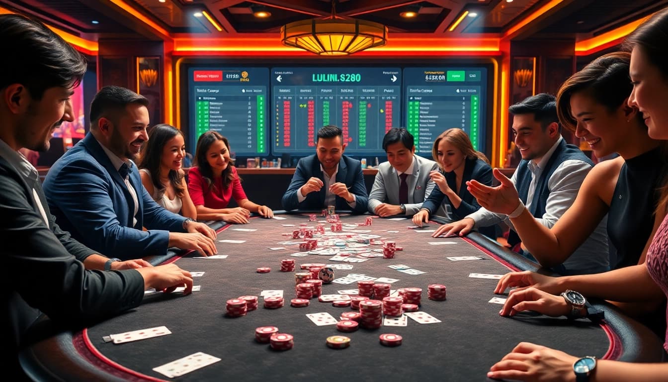 Immersive poker action at a casino inspired by https://lu88.soccer/ showcasing vibrant chips and cards.