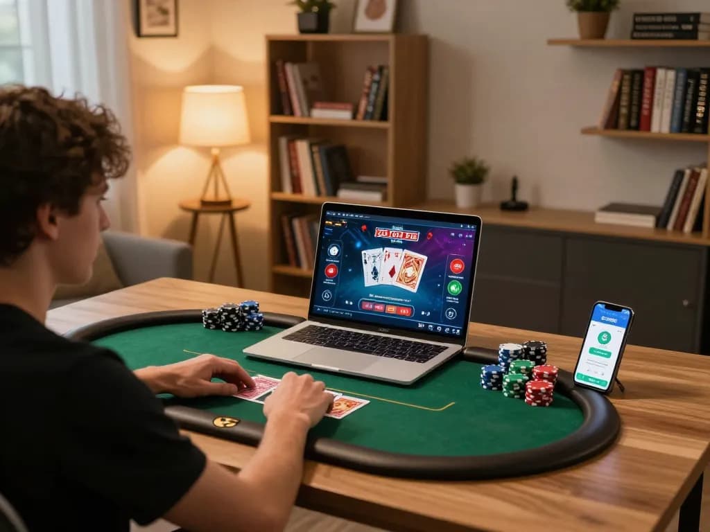 Player accessing the Lc88 link through a laptop for an exciting online poker session