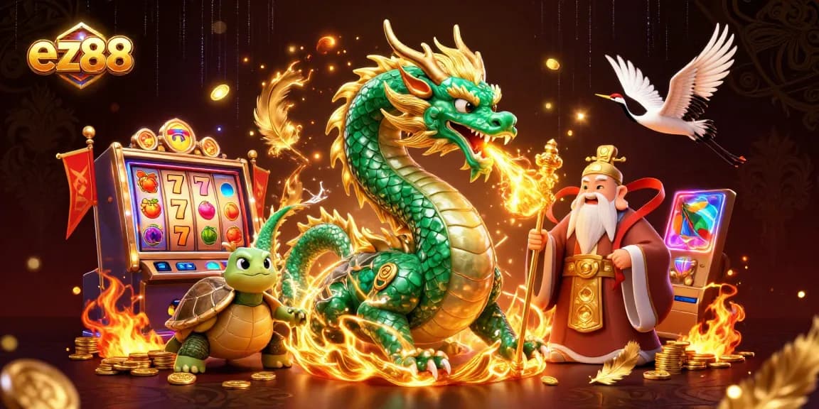 Play exciting slots with ez88 in a vibrant 3D dragon-themed casino illustration.