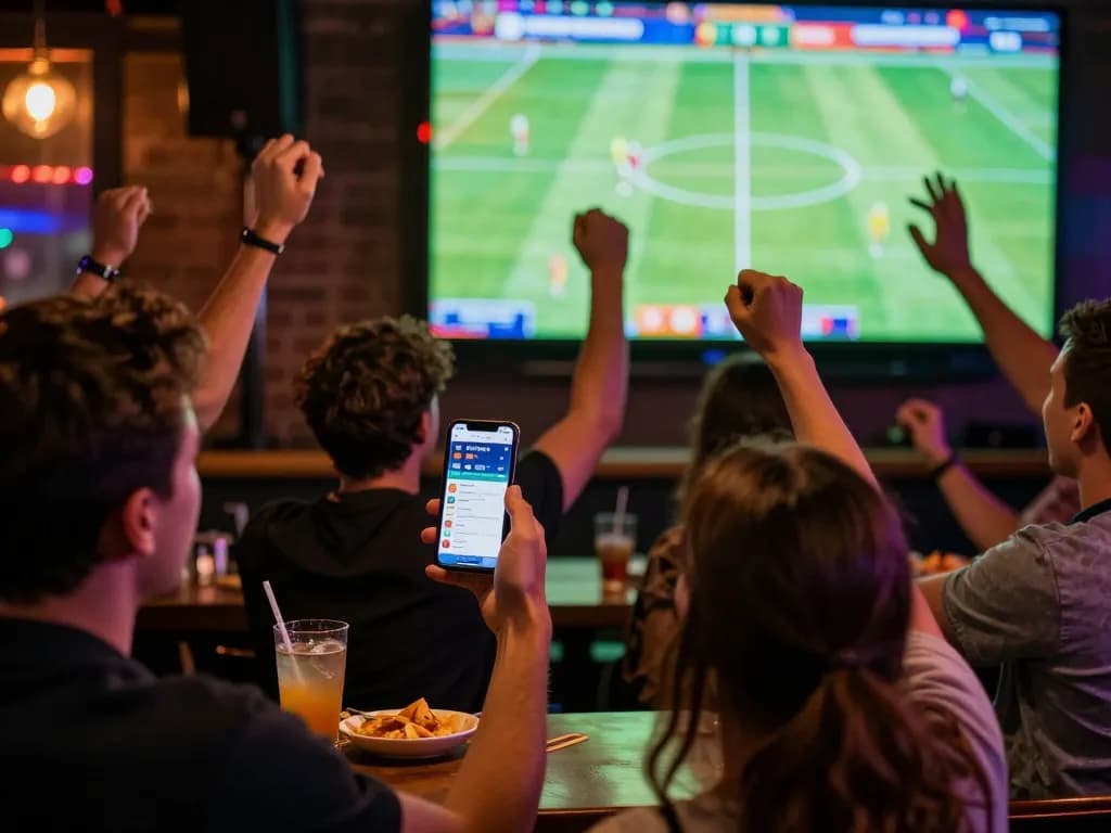 P3 enhances live sports betting experiences as friends celebrate wins using mobile apps.