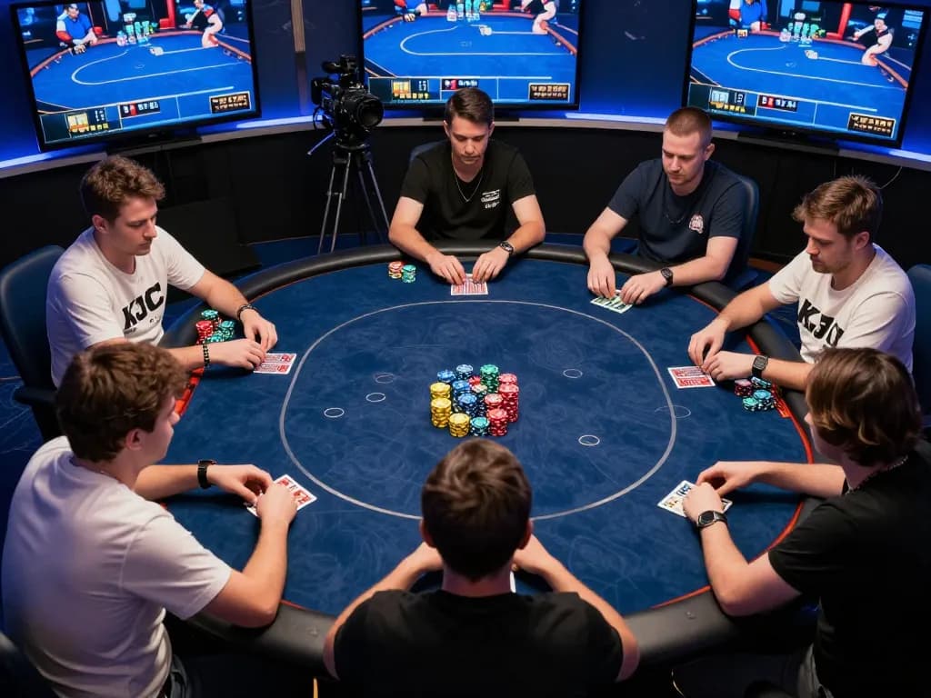 Engaging online poker players in a high-stakes KJC championship, showcasing vibrant chips and strategic gameplay.