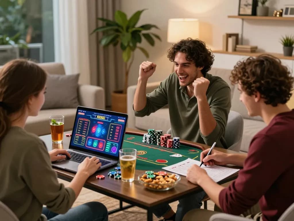 Friends engaging in online casino gaming with laptops celebrating wins, highlighting designitezy.