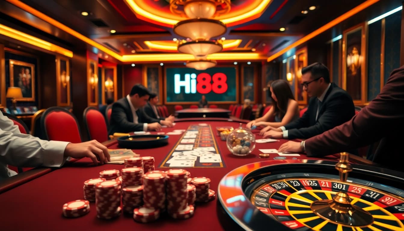 Experience thrilling gameplay at Hi88's luxury casino with professional poker and roulette.