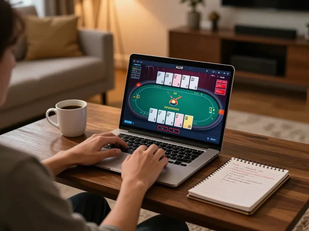 Player engaging with ALO8 poker game on laptop, showcasing a cozy home gaming atmosphere