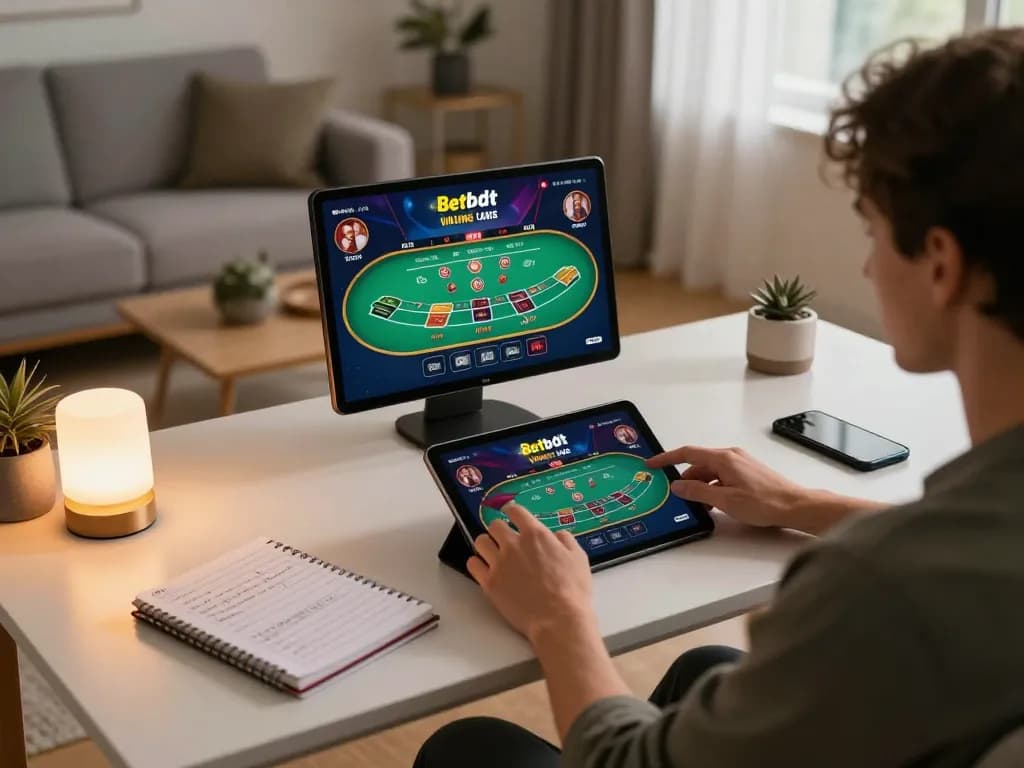 Player engaging with Betbdt online casino app on a tablet in cozy home setup, showcasing online gambling excitement.