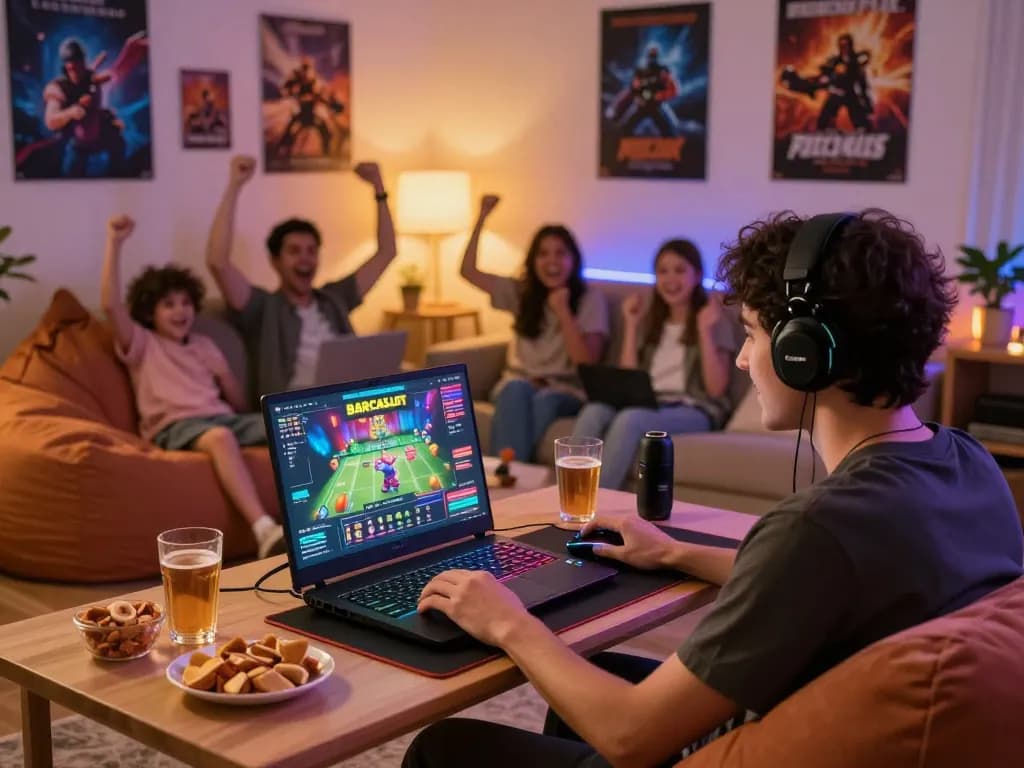 Exciting gaming session featuring barcaslot gameplay with friends in a cozy environment.