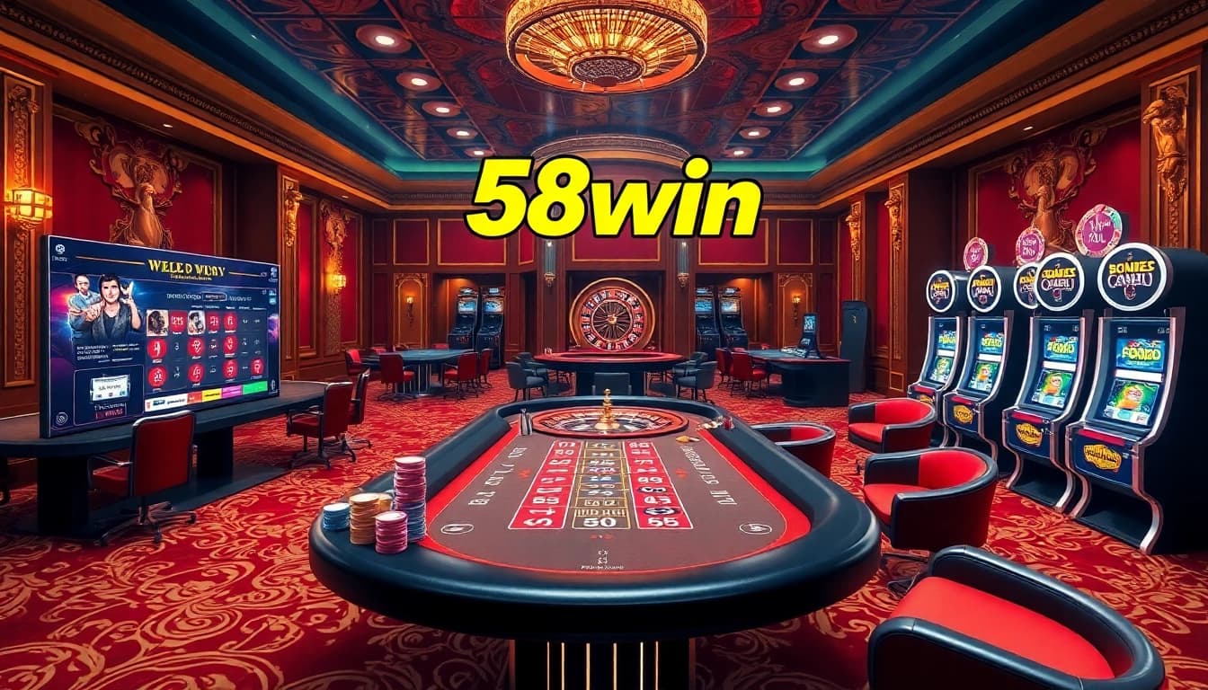 Exciting online gambling scene at 58win with poker tables and slot machines.